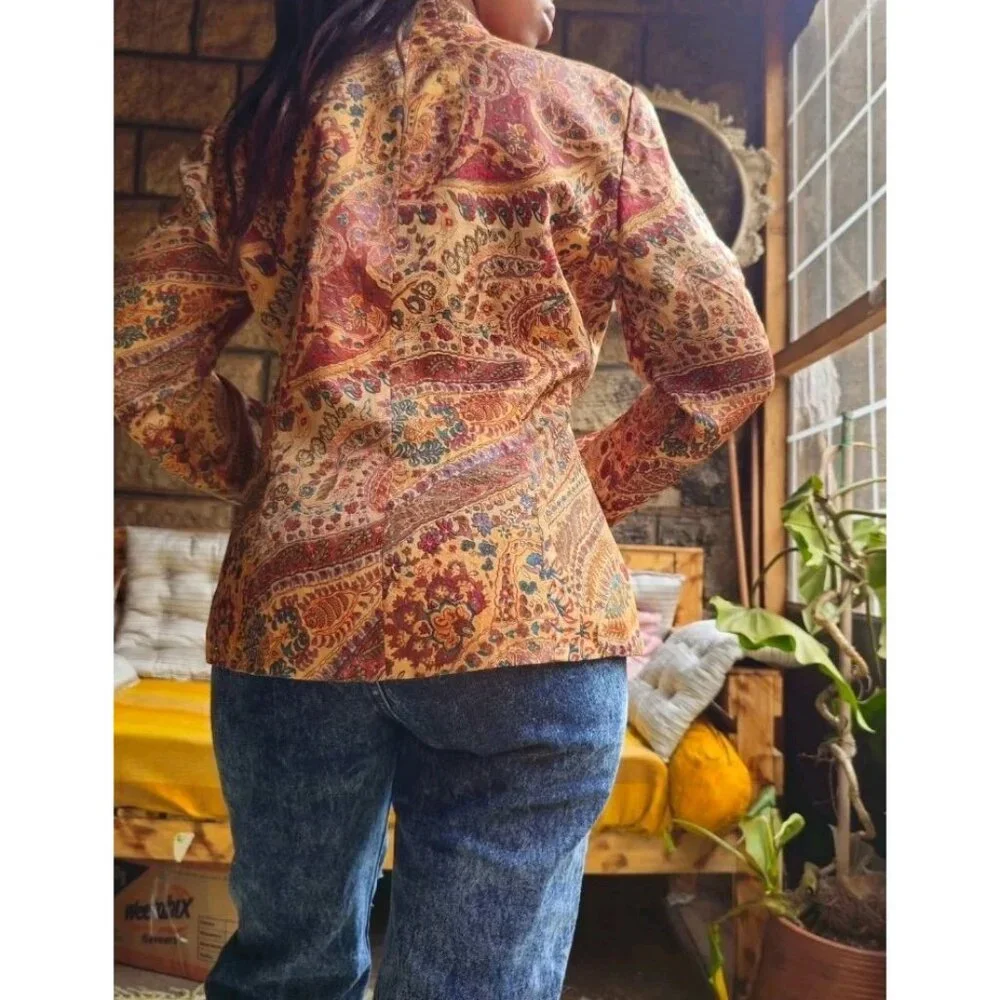 Adrianna Papell Silk Brown Floral Paisley Button Boho Vintage Jacket Blouse 10 M - Picture 12 of 12